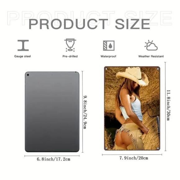 Metal Sign • Pin Up Blonde Cowgirl •Straw Hat • Open Butt Cheek Chaps • Bikini - Picture 4 of 8